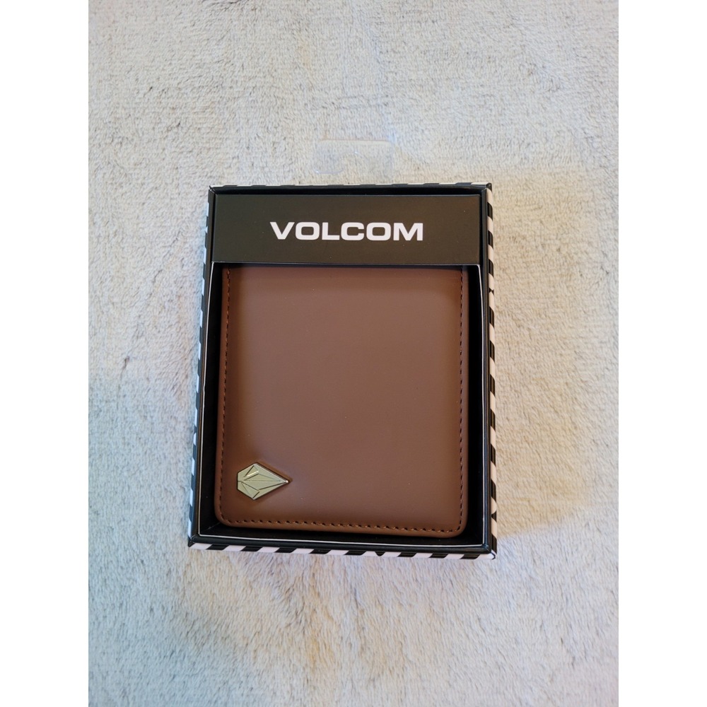 Volcom Stone Mens Wallet Bi-Fold Brown Faux Leather Gift Box Case Surf Skate
